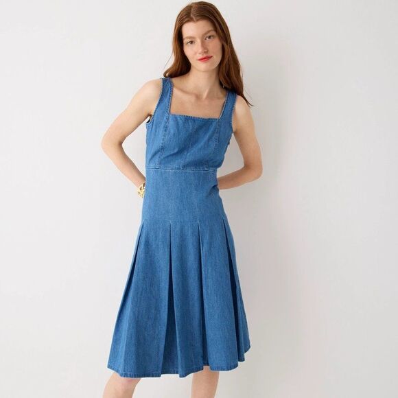 NWT J. Crew Pleated Chambray Denim Jean Sleeveless Square Neck Dress Size 6 - Picture 1 of 14